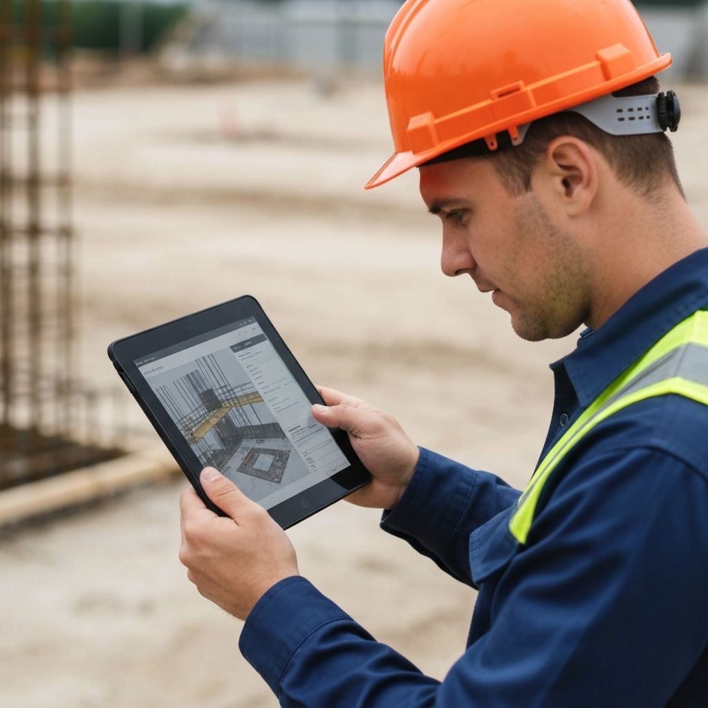 Construction inspector documenting site with tablet